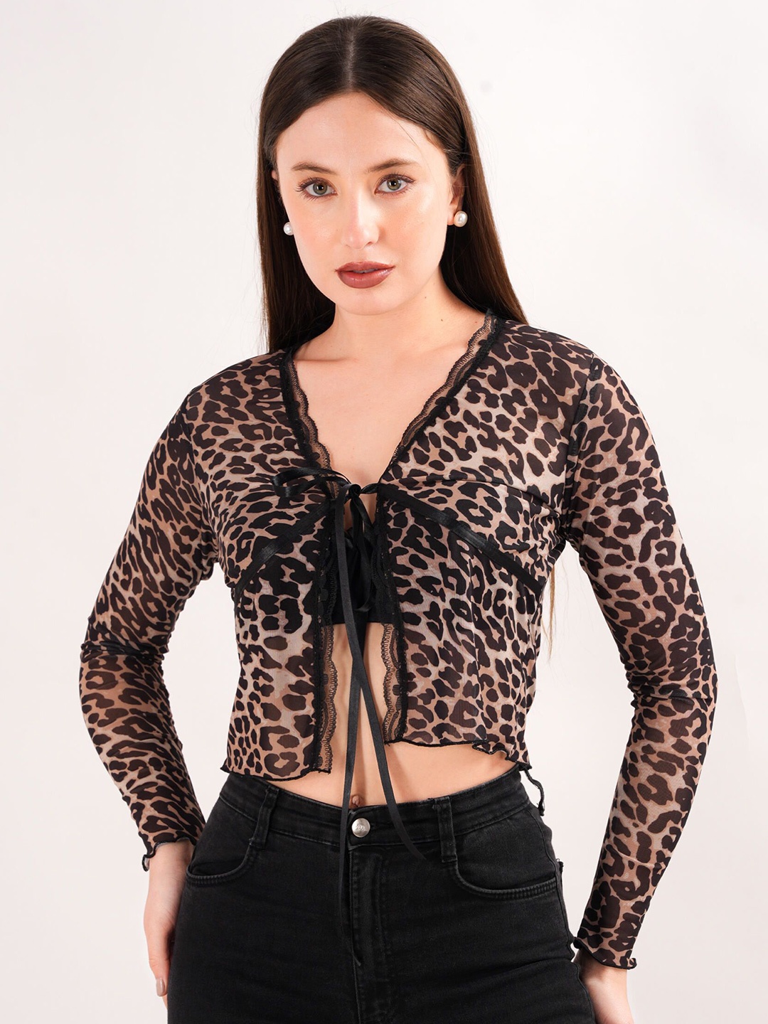 

clobug Animal Print Net Crop Top, Brown