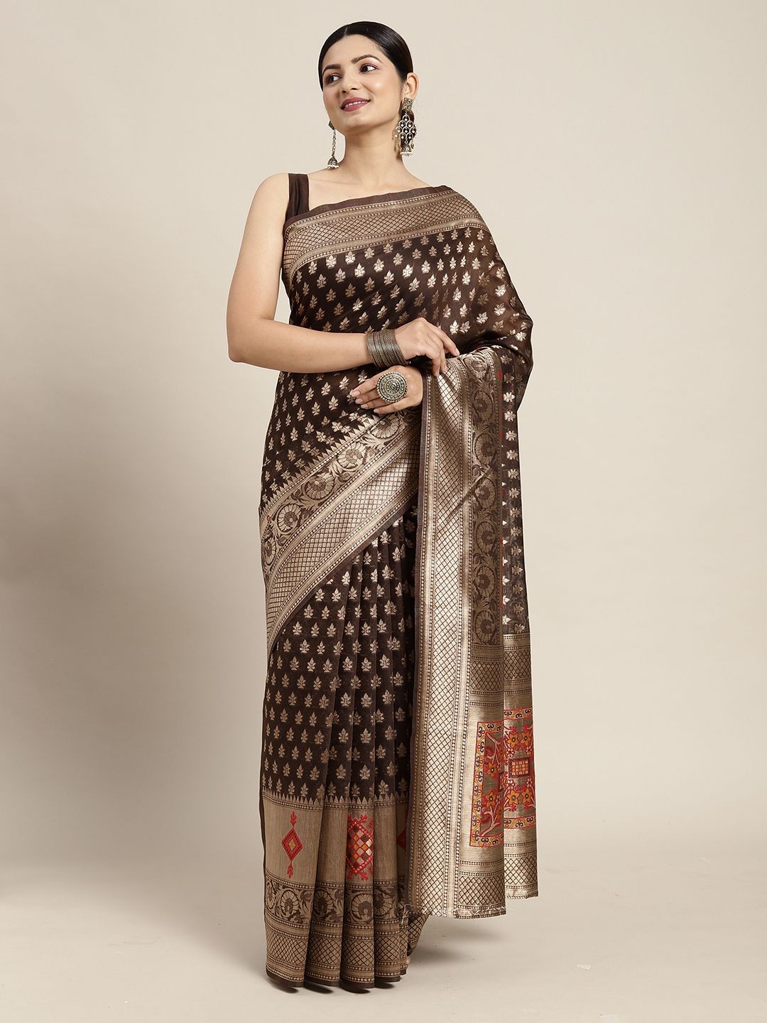

Mitera Paisley Zari Silk Cotton Banarasi Saree, Brown