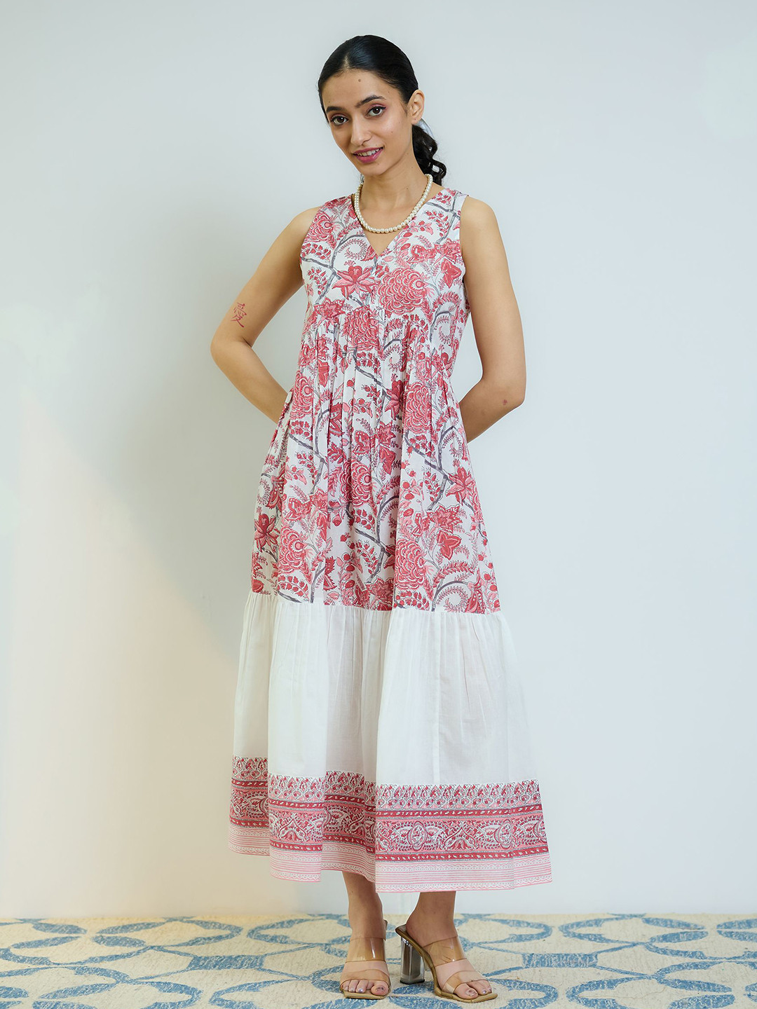 

Rustorange Women Peach Red Sanganeri Printed Cotton Tier Dress