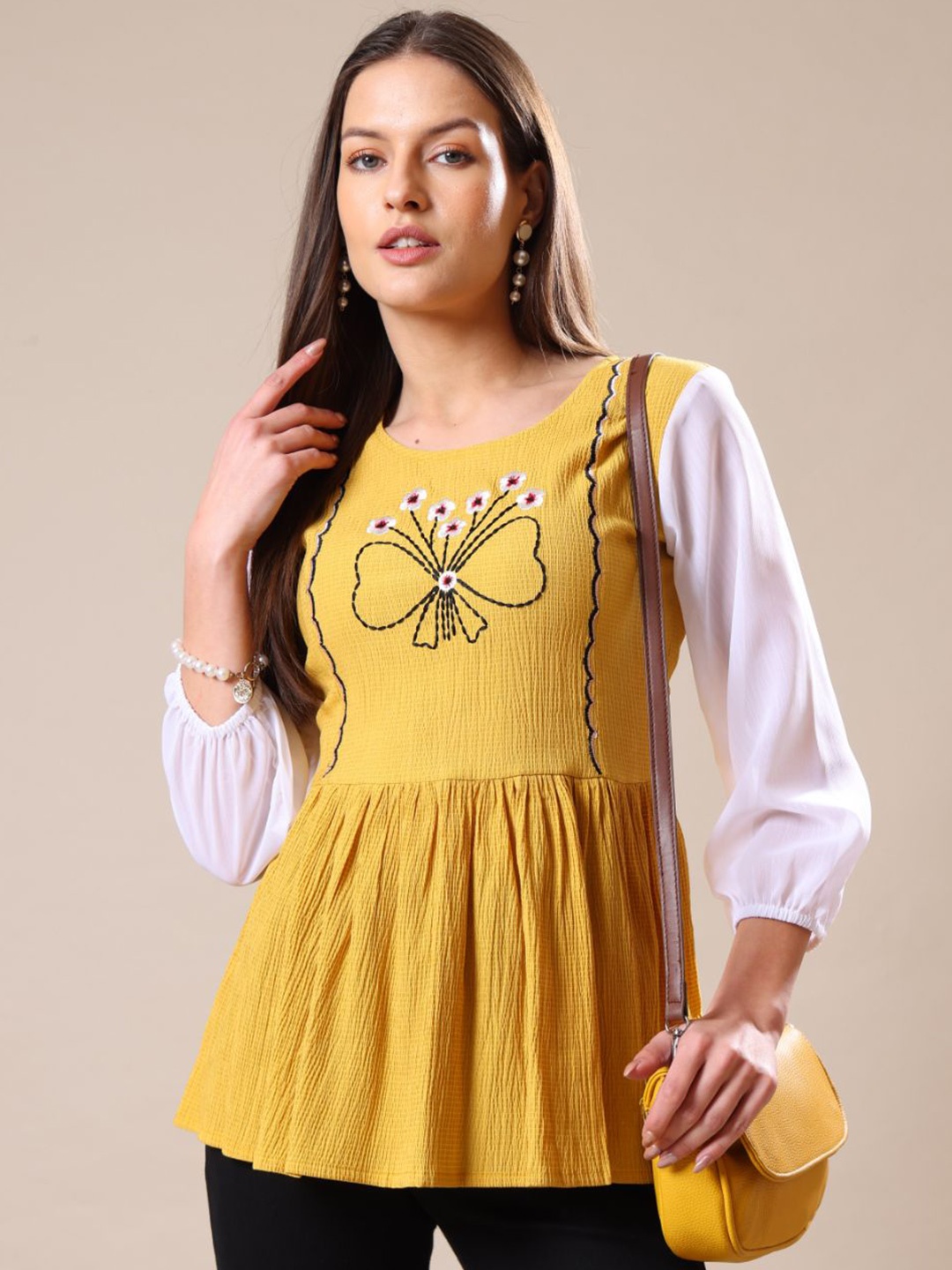 

Kinjo Embroidered Crepe Top, Mustard