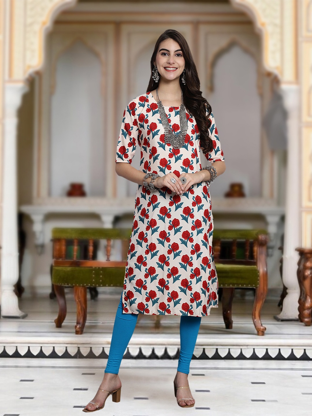 

Moda Rapido Floral Printed Round Neck Straight Kurta, Cream