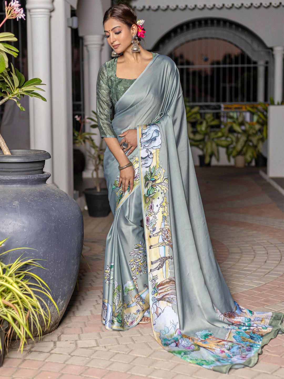

Mitera Kalamkari Satin Muga Saree, Sea green