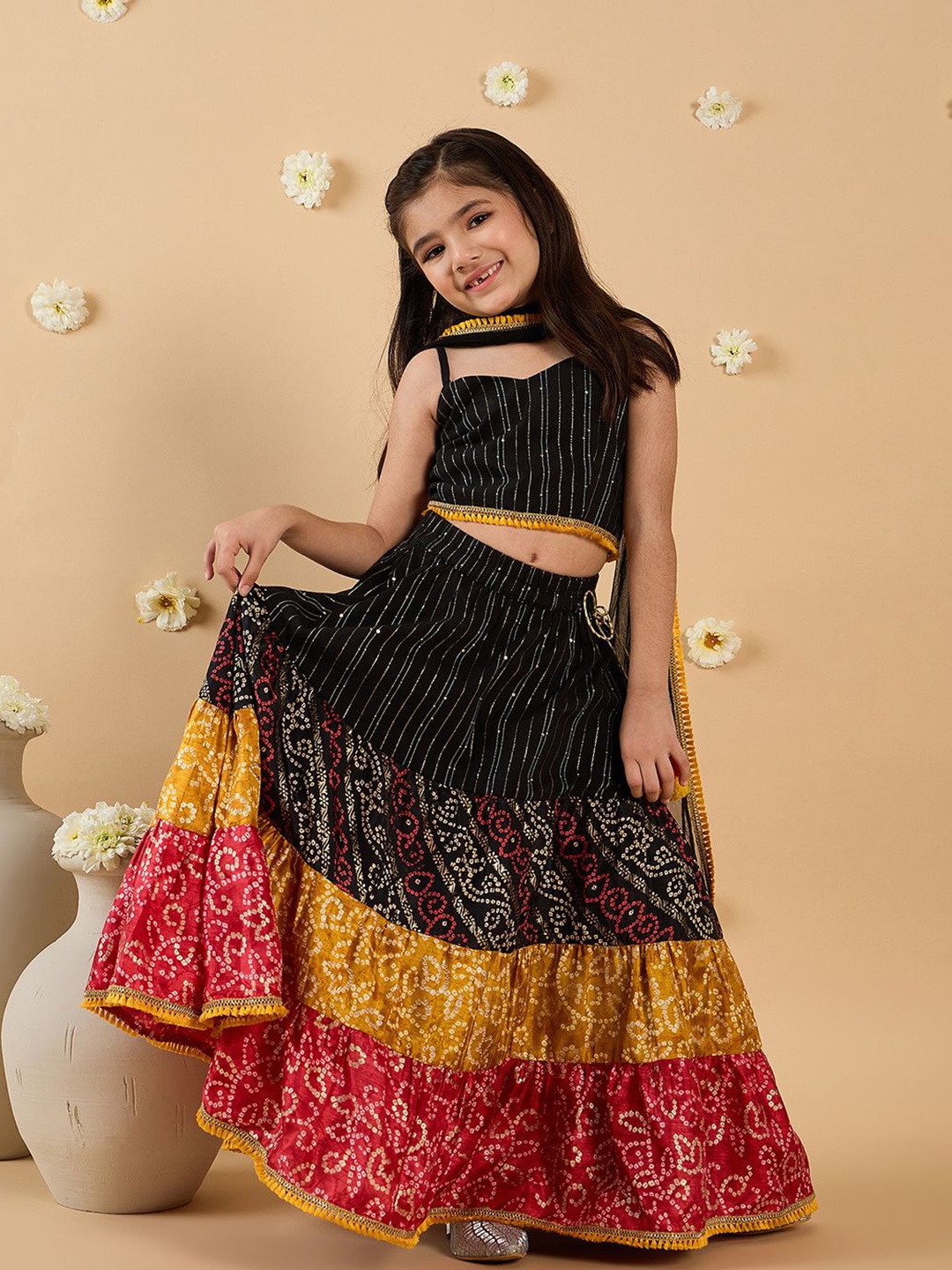 

pspeaches Girls Printed Ready to Wear Lehenga & Blouse With Dupatta, Black