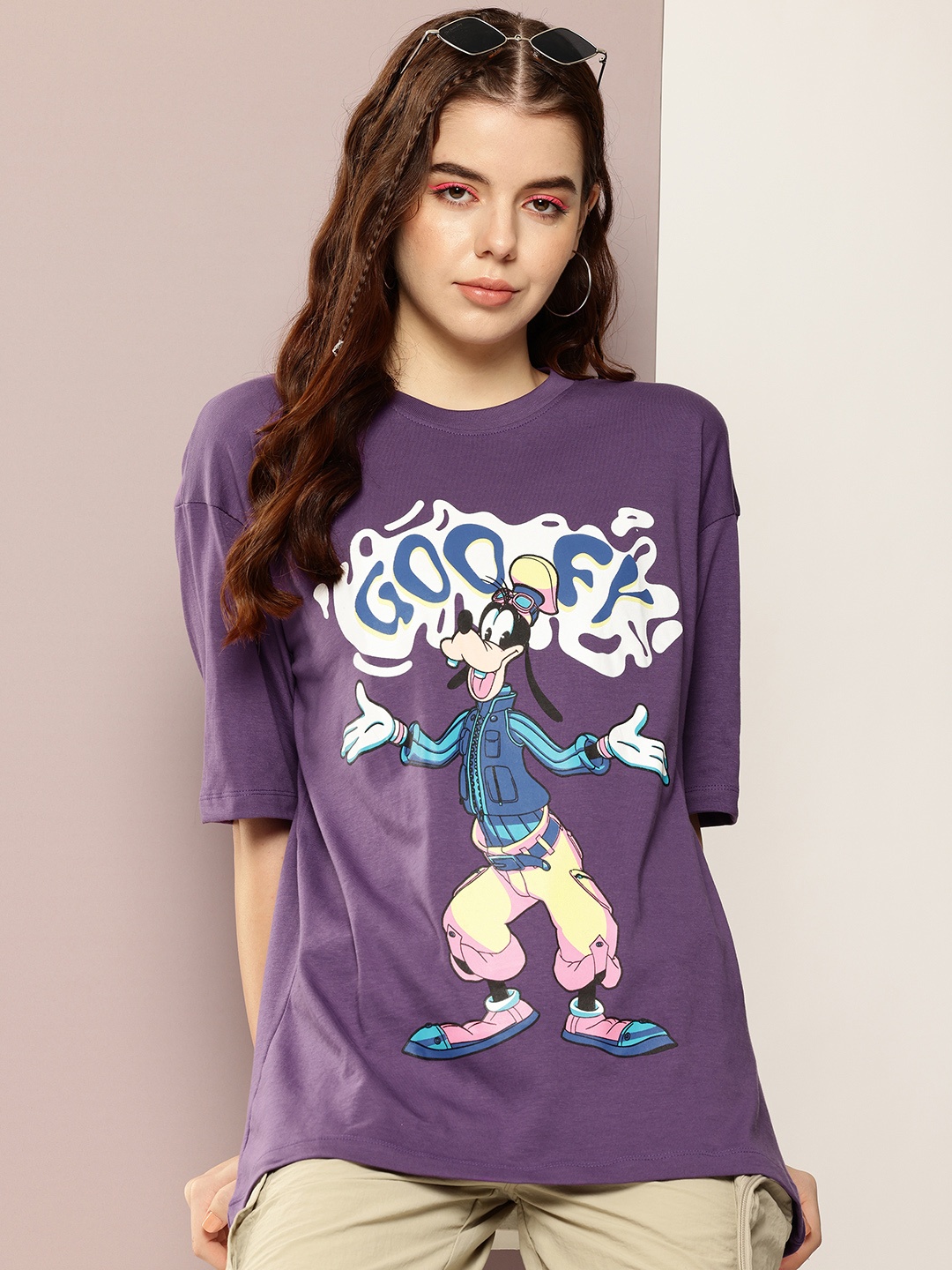 

Kook N Keech Disney Goofy Printed Drop-Shoulder Sleeves Pure Cotton Oversized T-shirt, Purple