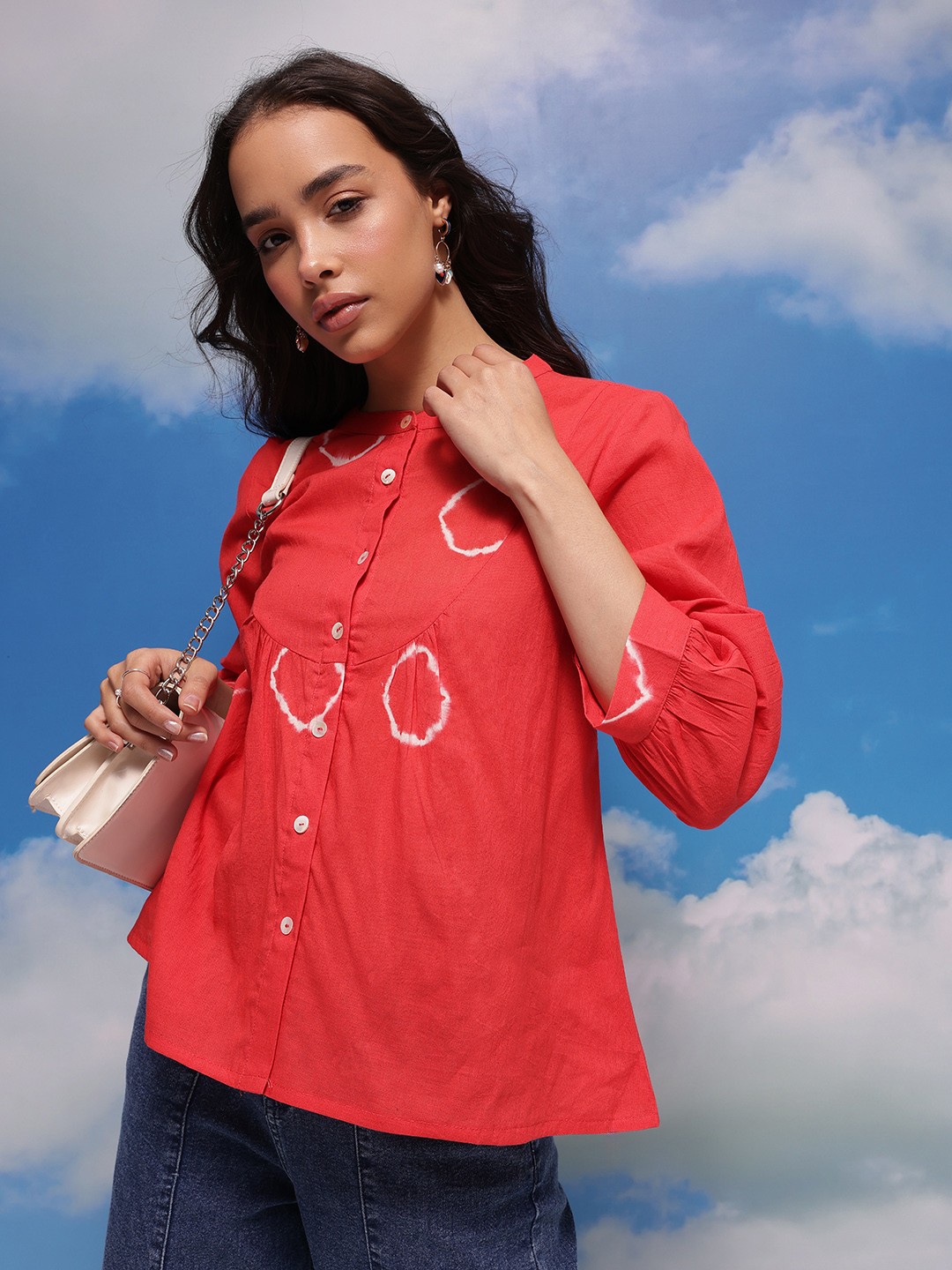

CORSICA Puff Sleeve Printed Pure Cotton Top, Red