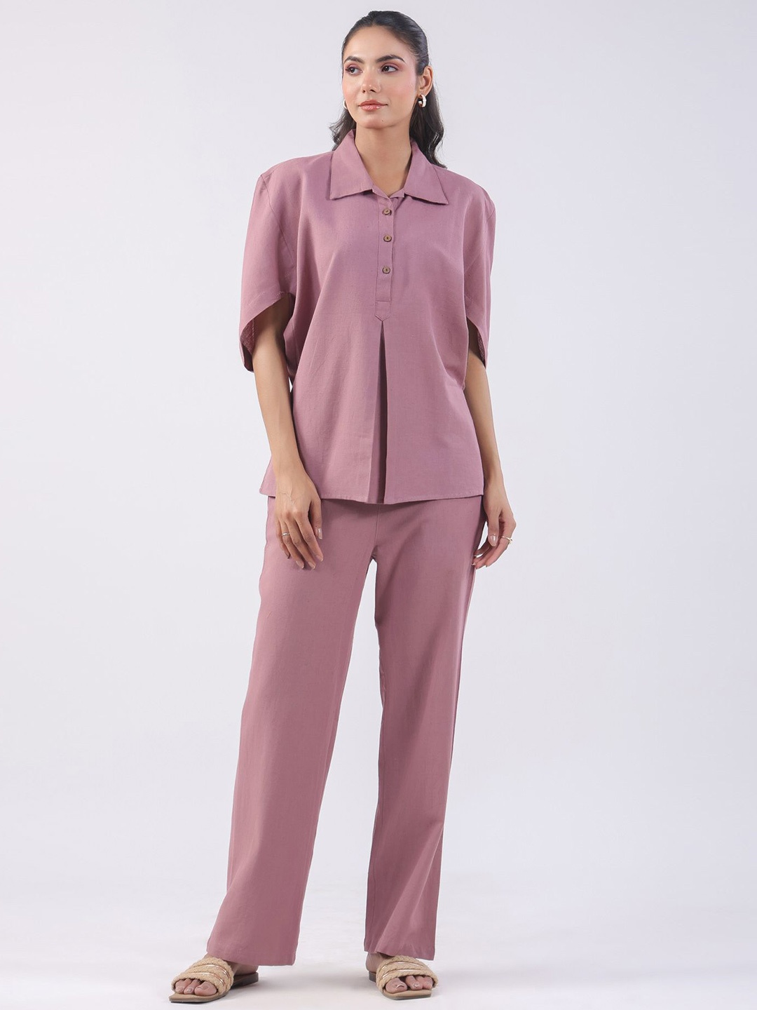 

JISORA Shirt Collar Pure Cotton Tunic With Trousers Co-Ords Set, Pink