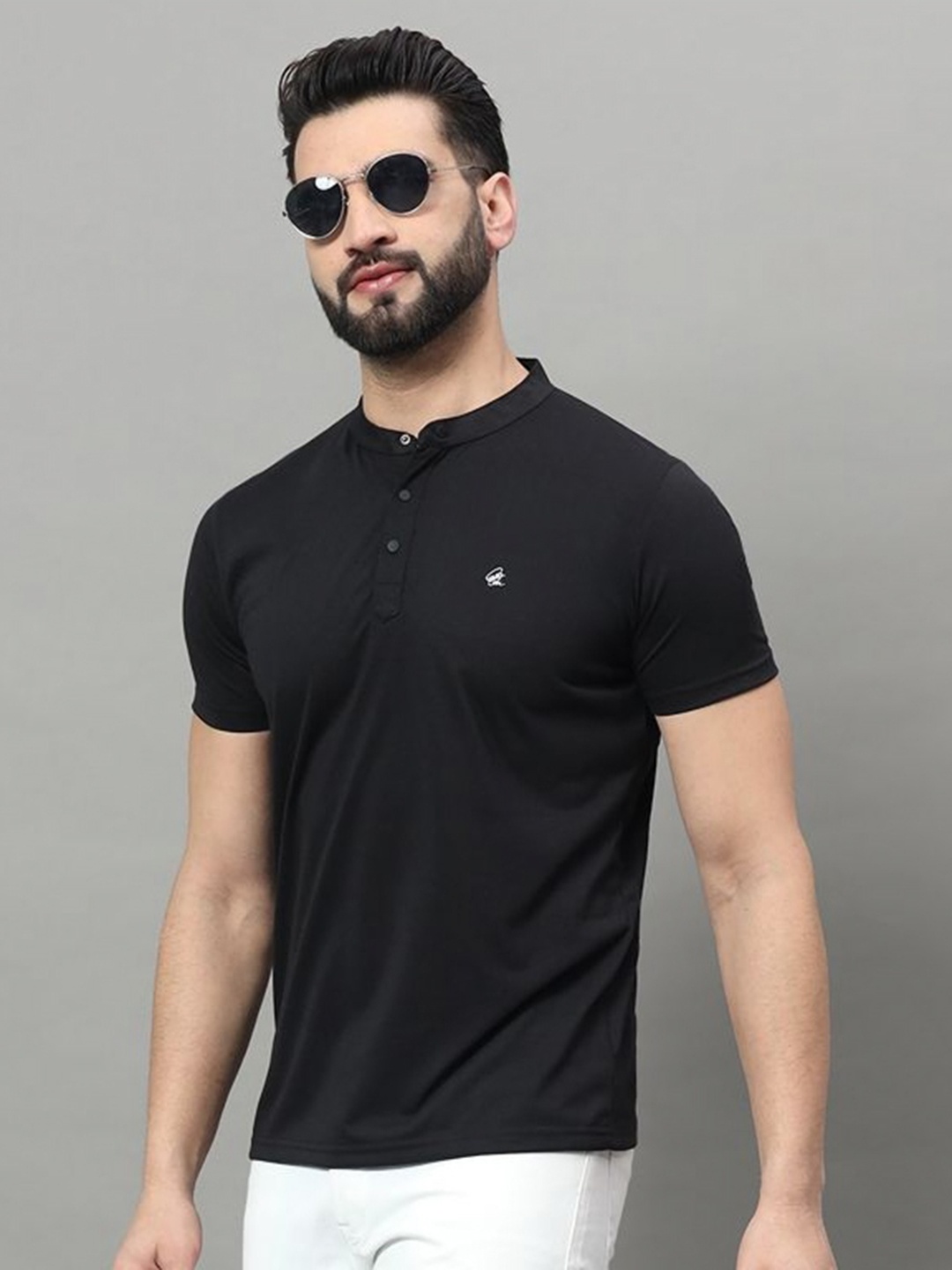 

OGEN Men Mandarin Collar Pockets T-shirt, Black