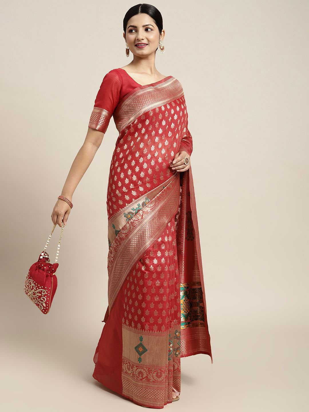 

Anouk Rustic Woven Design Zari Silk Cotton Banarasi Saree, Red