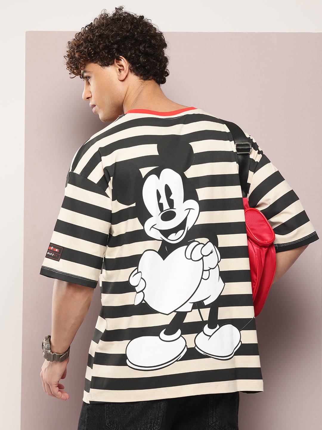 

Kook N Keech Disney Mickey Mouse Striped Pure Cotton Oversized T-shirt, Beige