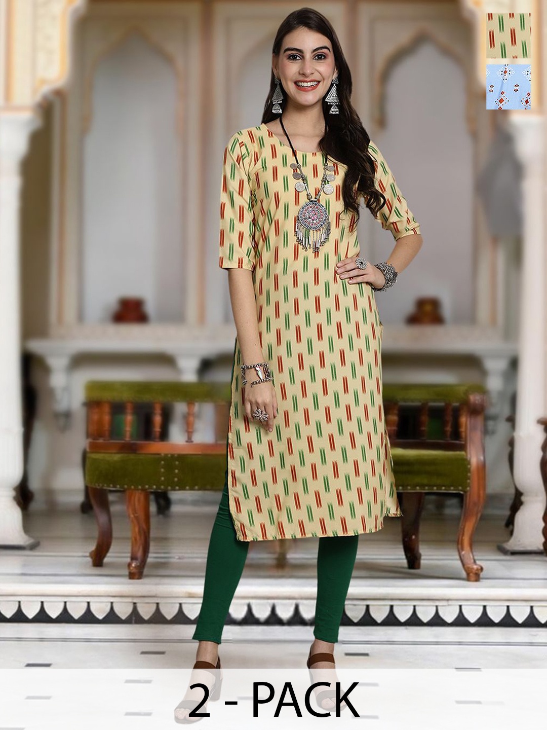 

Moda Rapido Selection Of 2 Geometric Printed Round Neck Straight Kurta, Yellow