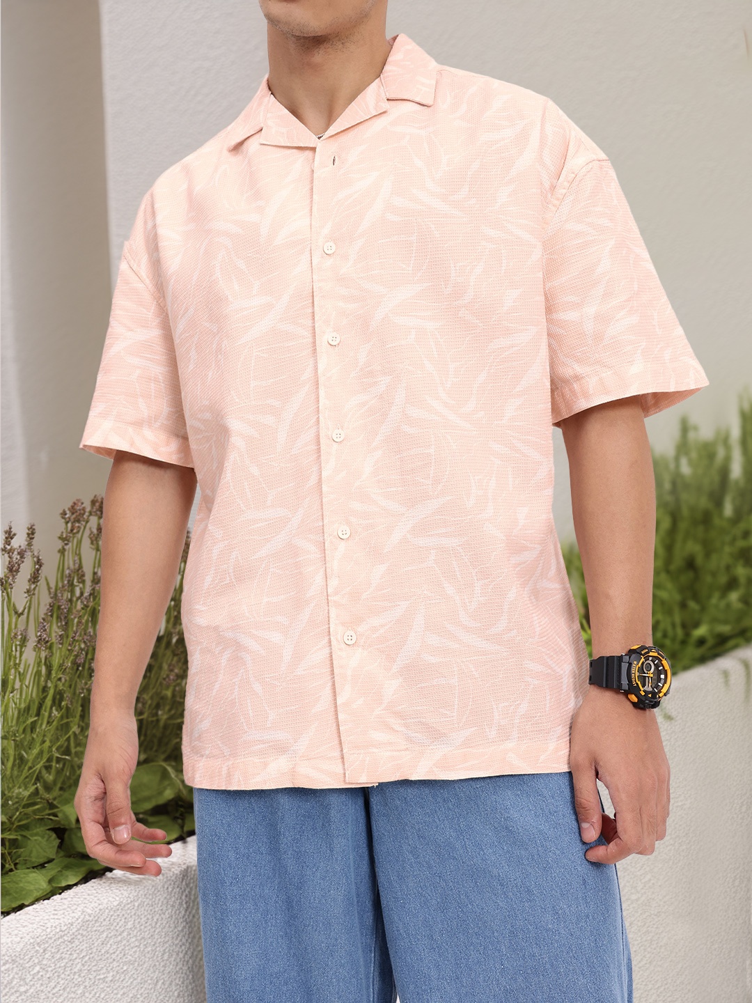 

Kook N Keech Vacation Charm Tropical Printed Pure Cotton Relaxed Shirt, Peach