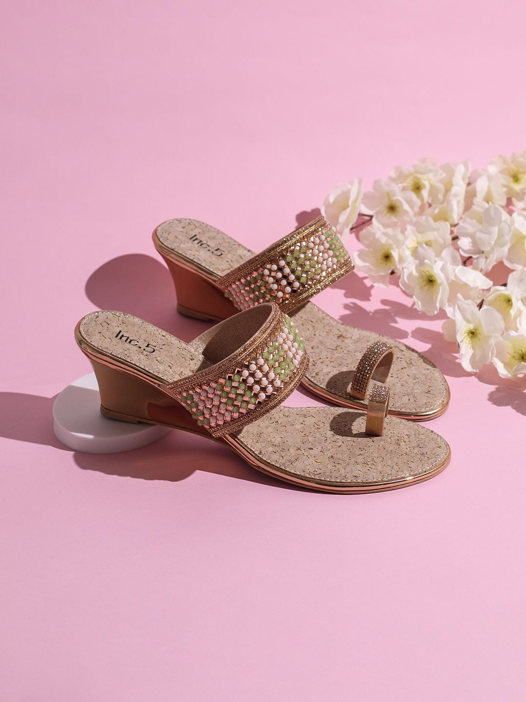 

Inc 5 Embellished Ethnic Wedge Sandals, Rose gold