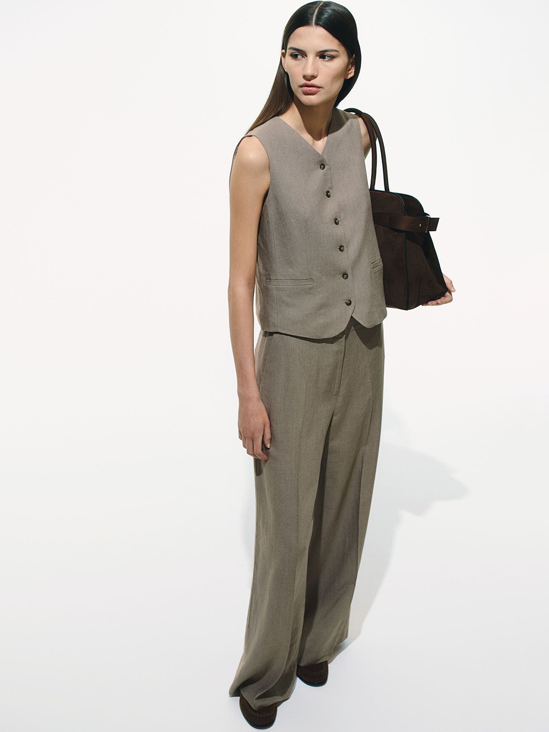 

H&M Wide Linen-Blend Trousers, Beige