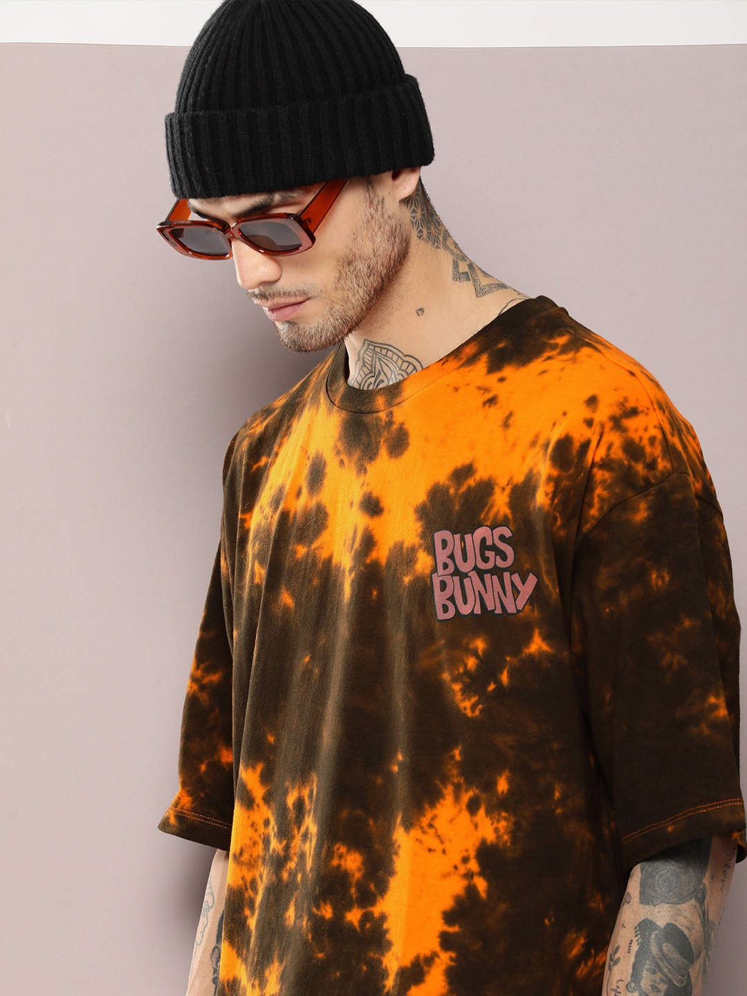 

Kook N Keech Men Tie and Dye Drop-Shoulder Sleeves Oversized Pure Cotton T-shirt, Brown