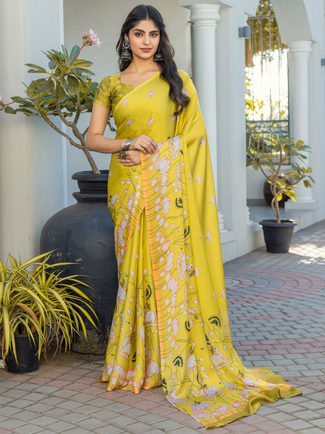 

Mitera Kalamkari Satin Muga Saree, Yellow