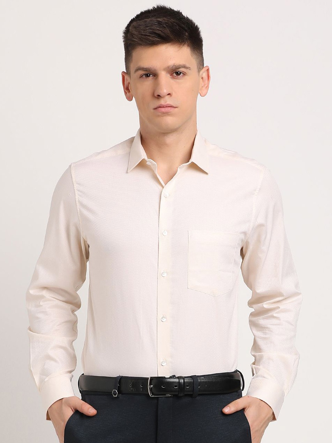 

Turtle Men Classic Pinstripes Opaque Formal Shirt, Cream