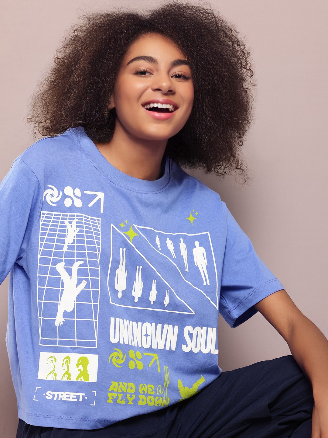 

Kook N Keech Women Typography Printed Pure Cotton Boxy T-shirt, Blue