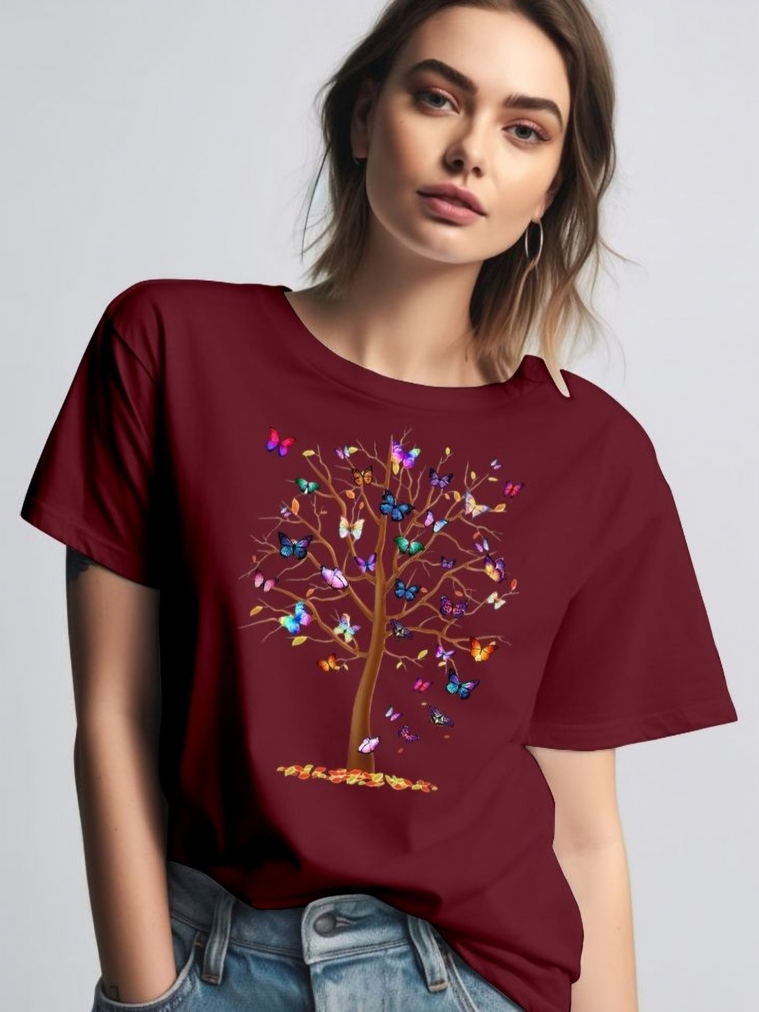 

Moda Rapido Women Printed Round Neck Tshirt, Maroon