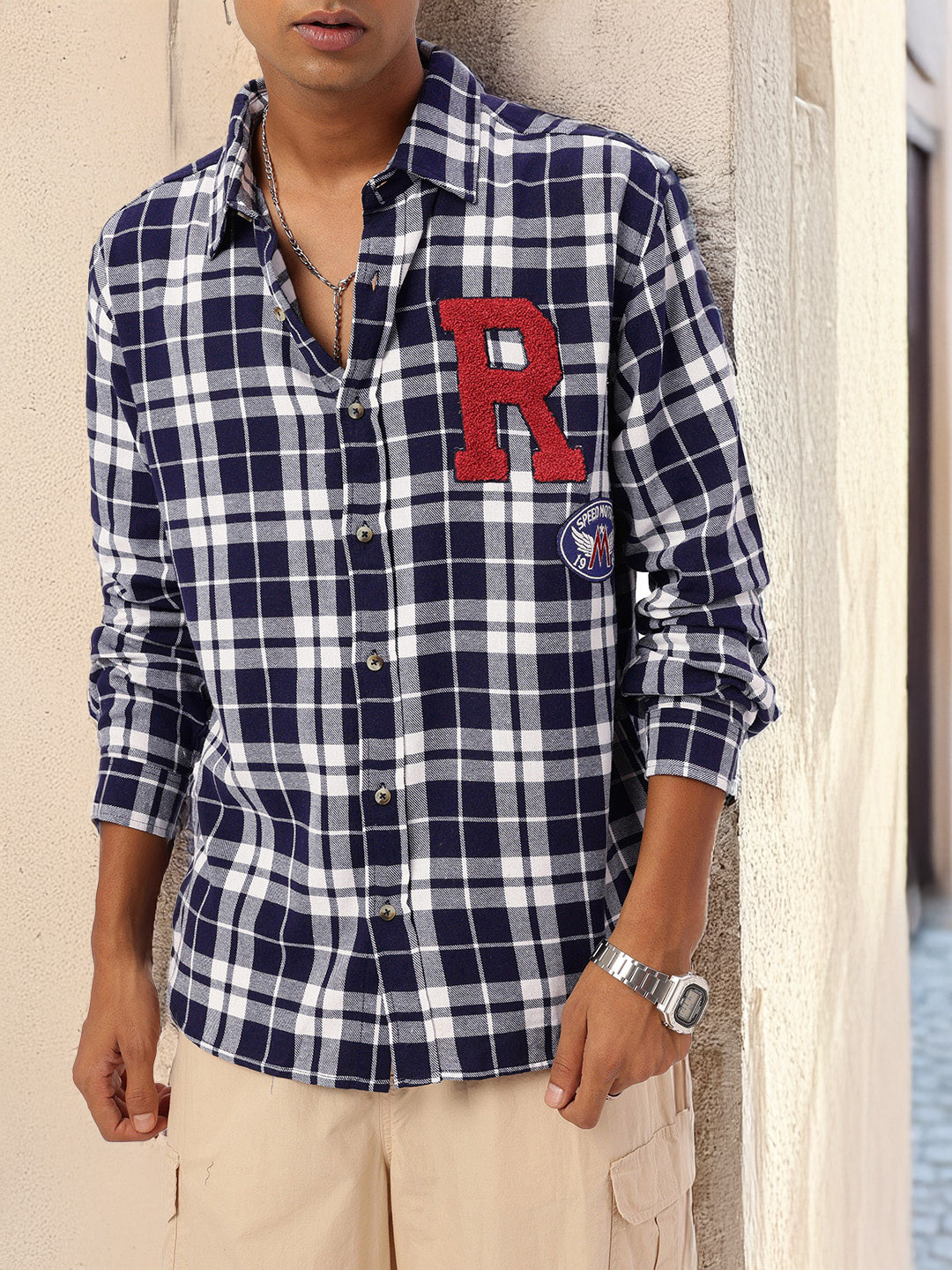 

Kook N Keech Sporty Touch Checked Relaxed Fit Applique Shirt, Navy blue