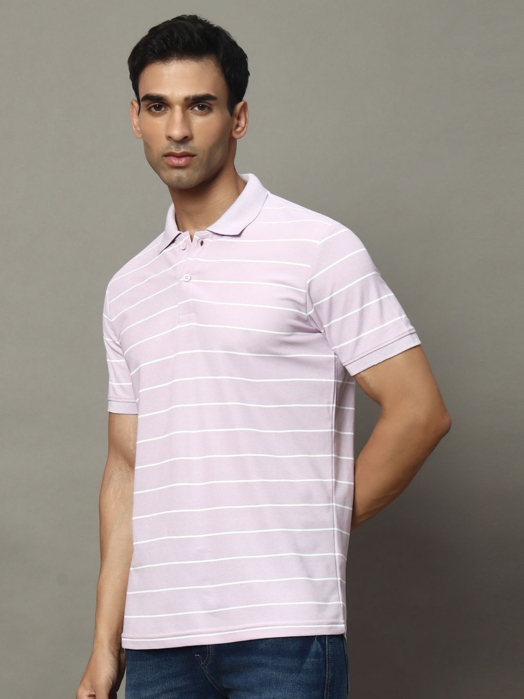

OGEN Men Striped Polo Collar Pockets T-shirt, Lavender