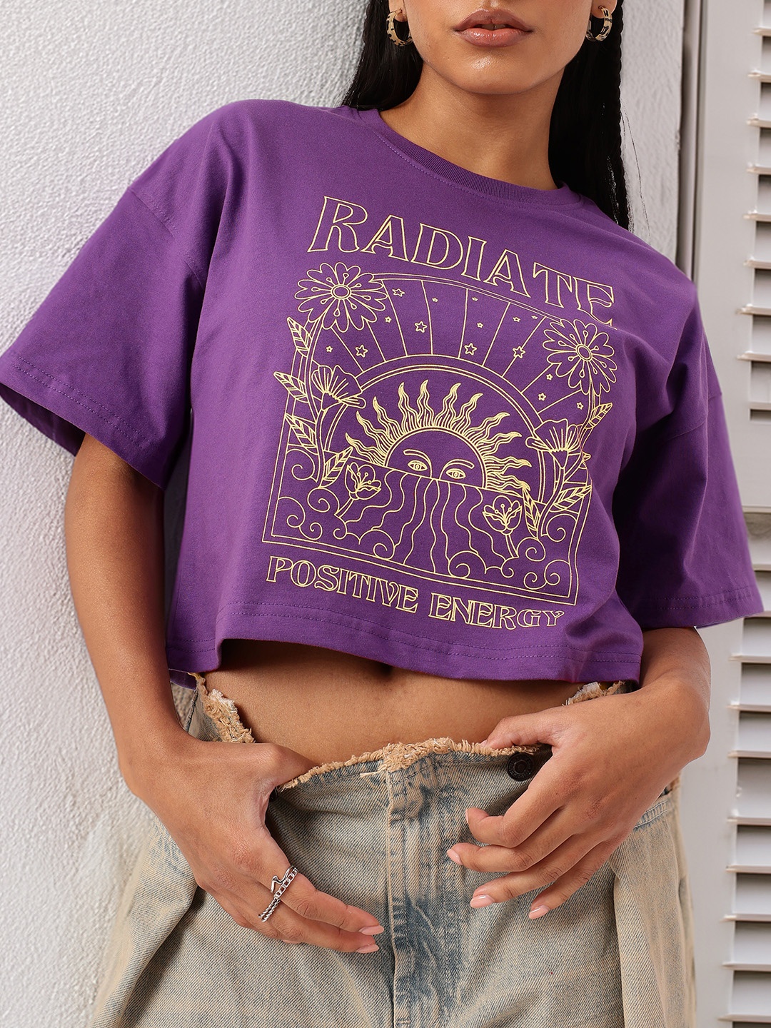 

DressBerry Grunge Positive Drive Printed Boxy Crop T-shirt, Purple
