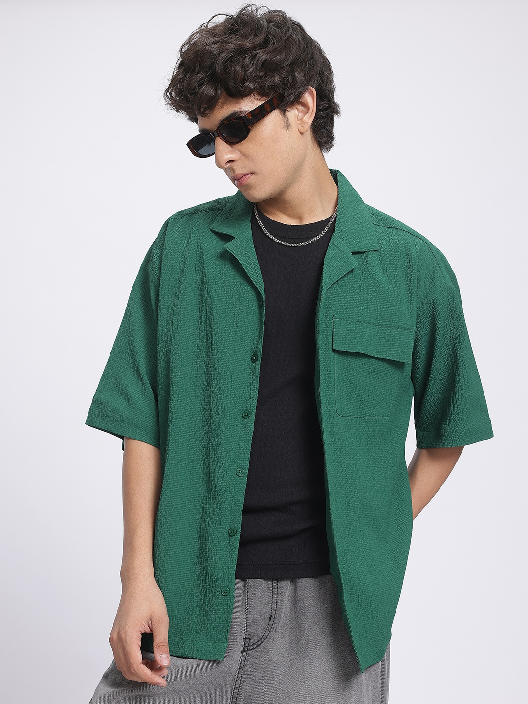 

glitchez Puckered Sensation Oversized Opaque Casual Shirt, Green