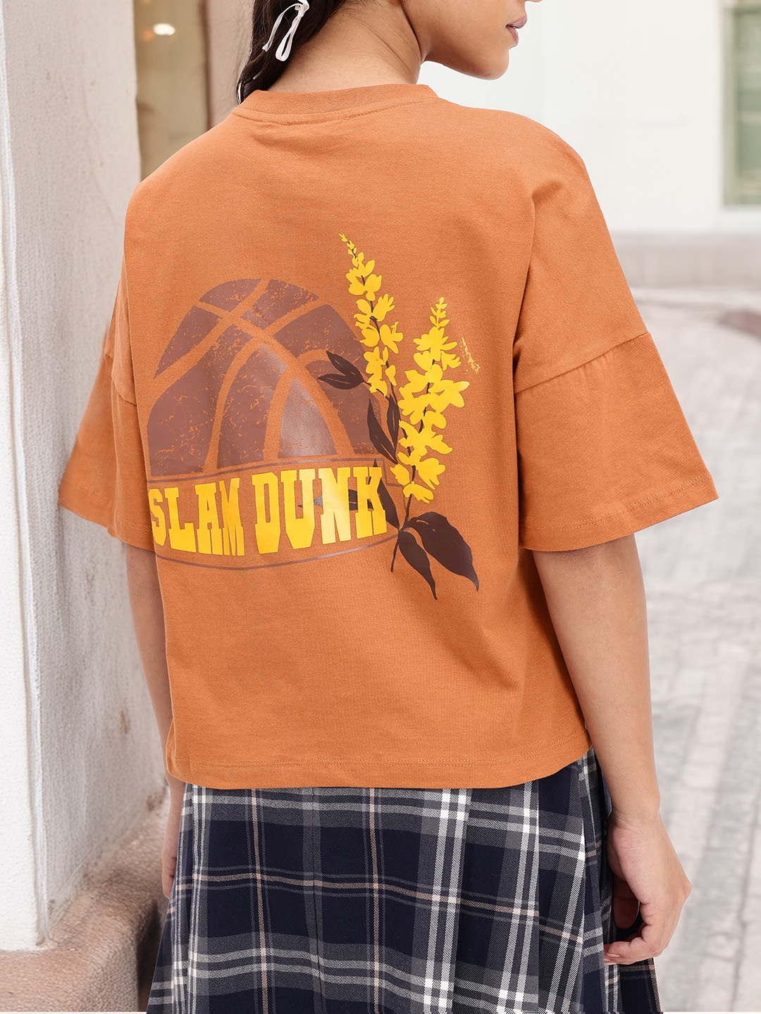 

DressBerry Subtle Floral Touch Printed Oversized T-Shirt, Brown