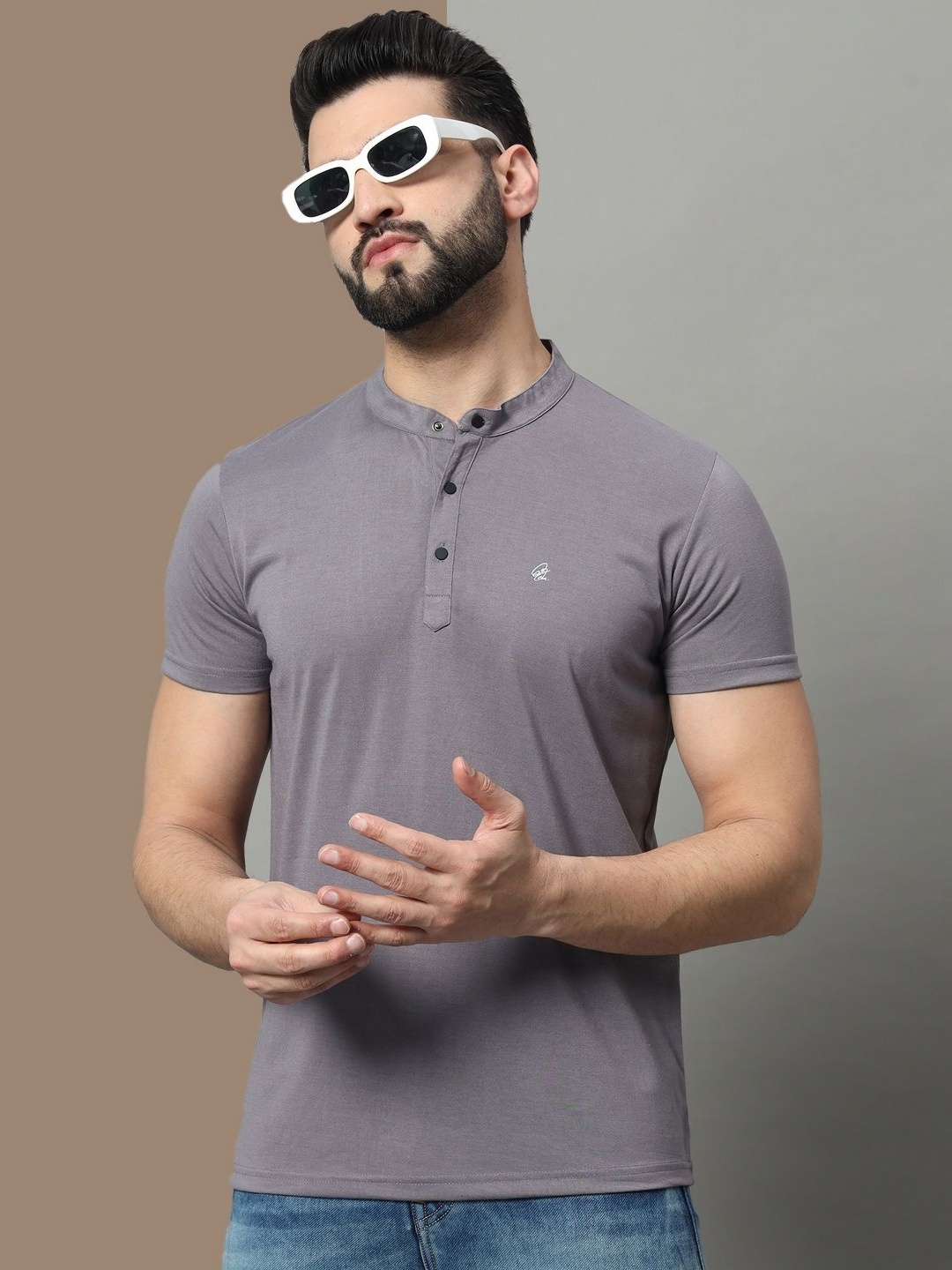 

OGEN Men Mandarin Collar Pockets T-shirt, Lavender