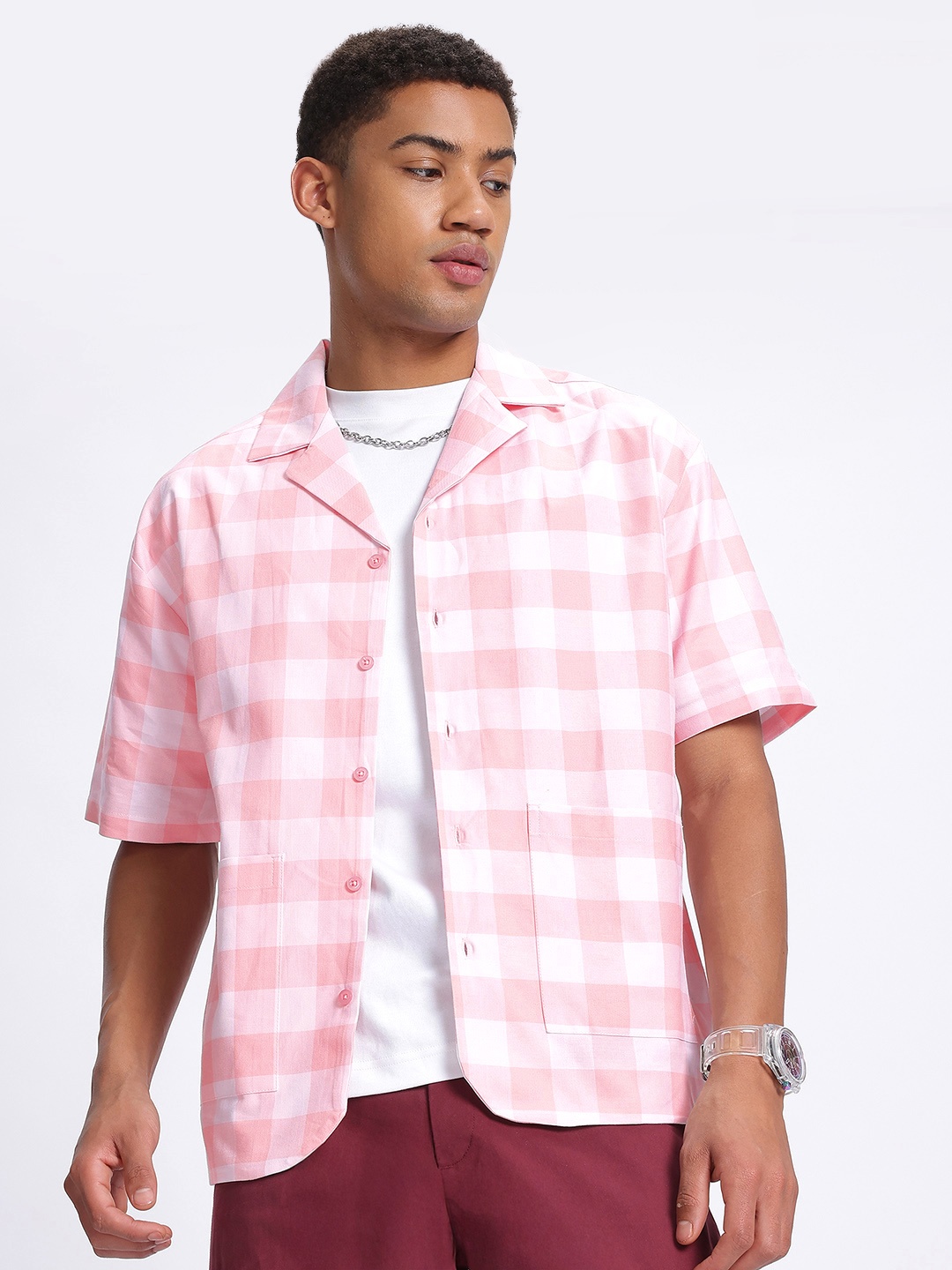 

glitchez Gingham Grid Checked Oversized Shirt, Pink