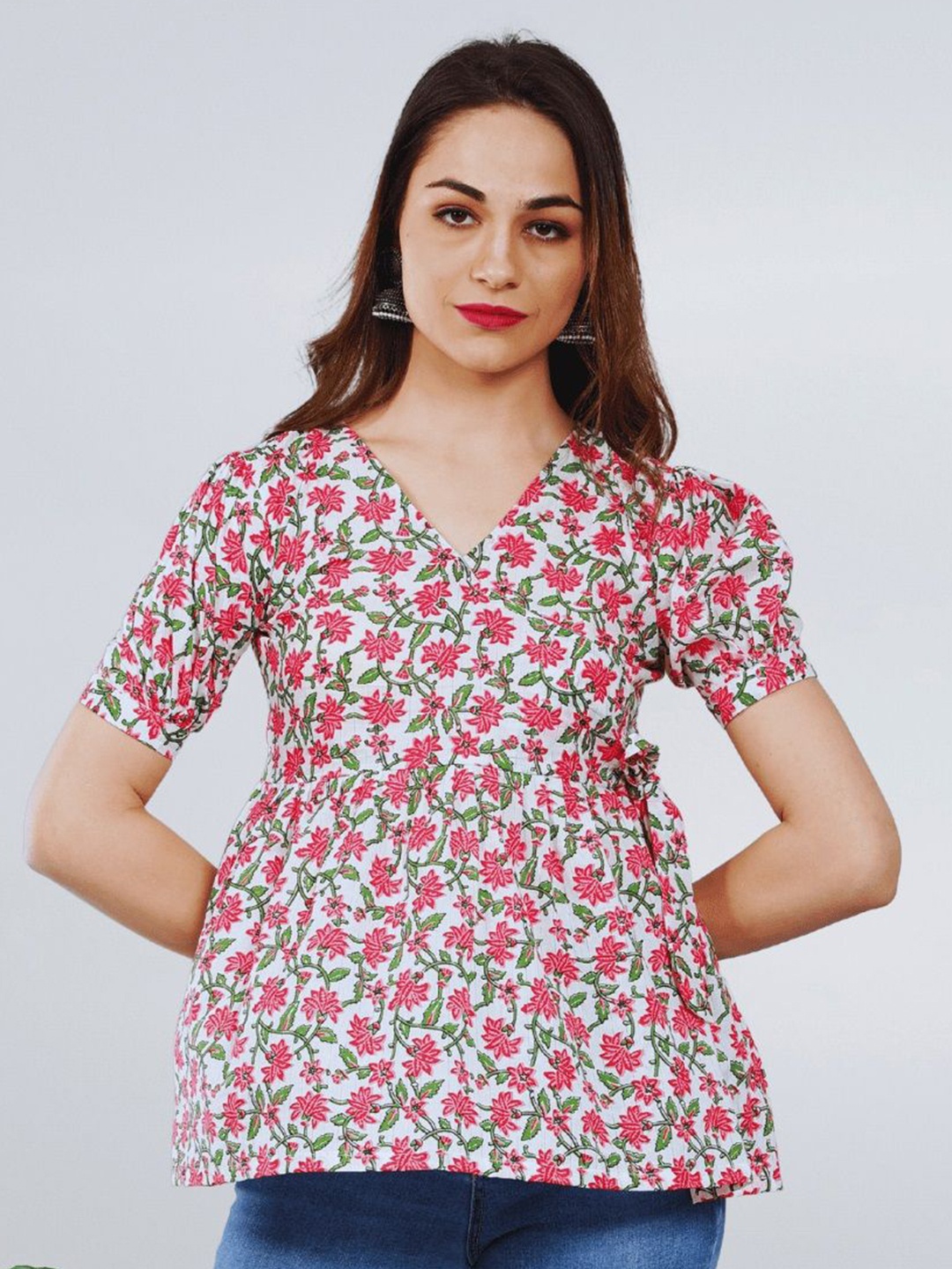 

StyleOcean Floral Print Puff Sleeve Cotton Top, Pink
