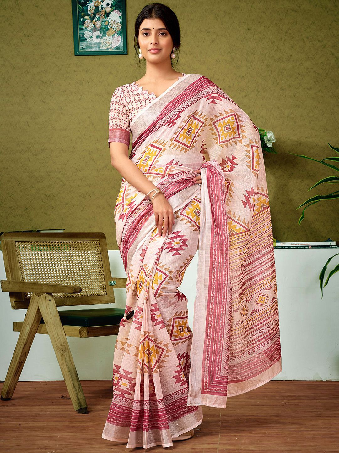

all about you Ethnic Motifs Zari Pure Linen Ready to Wear Saree, Off white