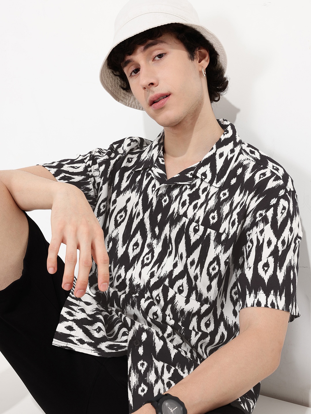

Kook N Keech Desi Twist Ikat Printed Lapel Oversized Shirt, Black