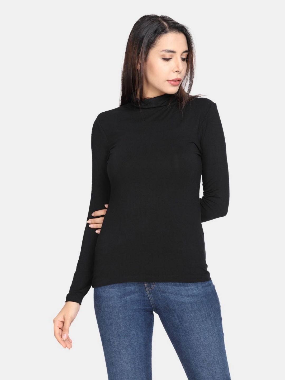 

Metronaut Women High Neck Drop-Shoulder Sleeves Pockets Slim Fit T-shirt, Black