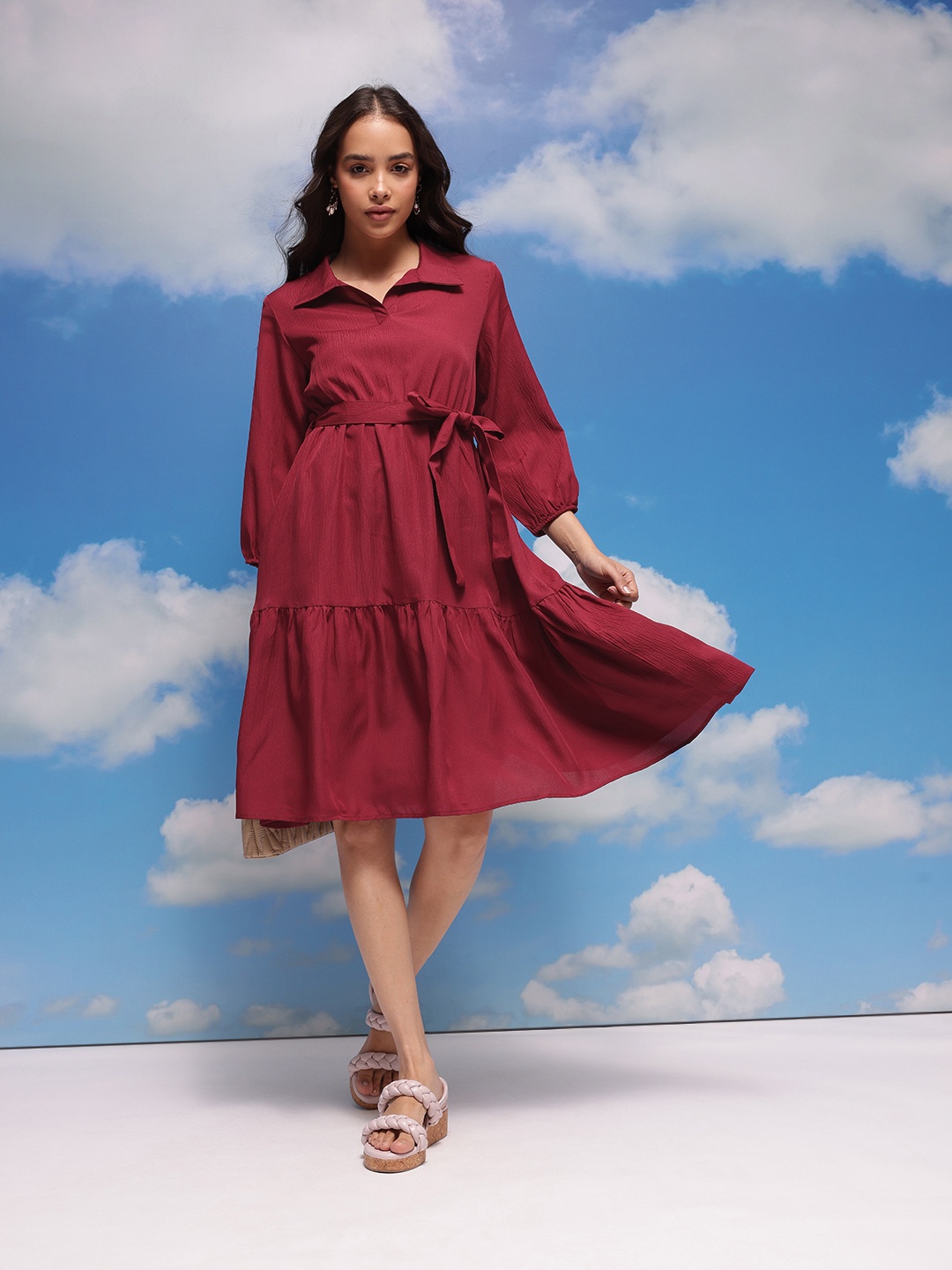 

CORSICA Shirt Collar A-Line Dress, Maroon