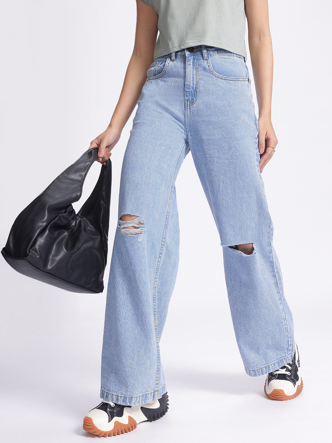 

glitchez Women All-Day Slash 'N Slay Wide Leg Cotton Comfort Jeans, Blue