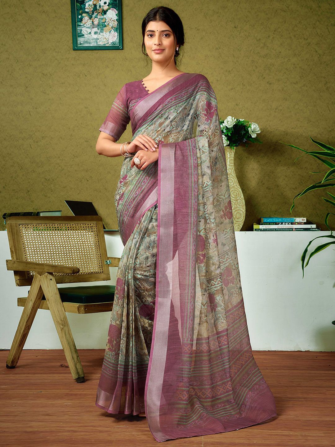 

all about you Floral Zari Pure Linen Ready to Wear Saree, Green