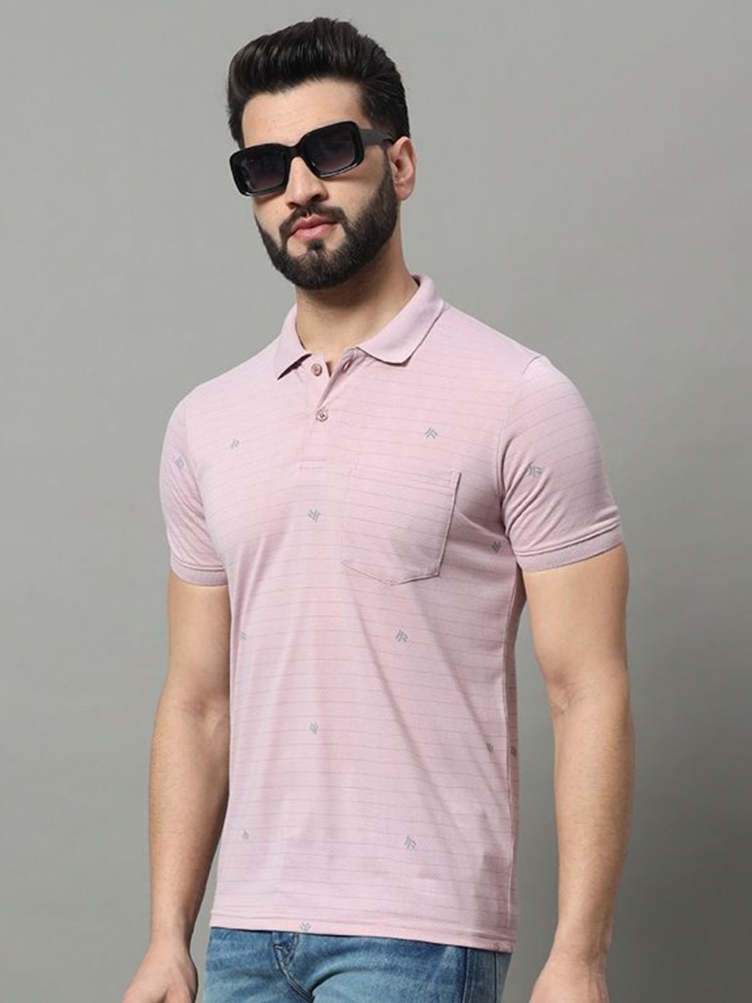 

OGEN Men Striped Polo Collar Pockets T-shirt, Peach