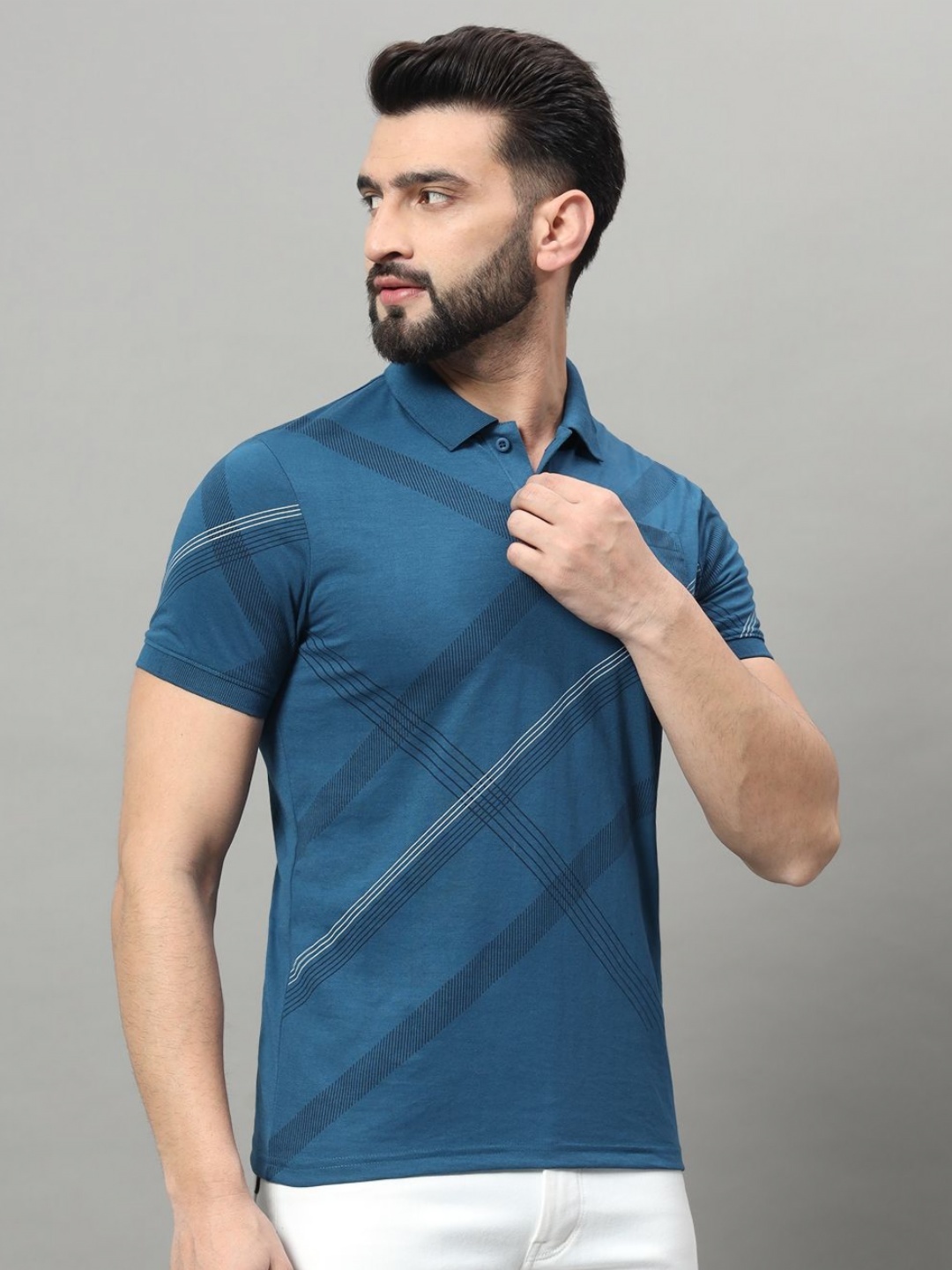 

OGEN Men Printed Polo Collar Pockets T-shirt, Blue