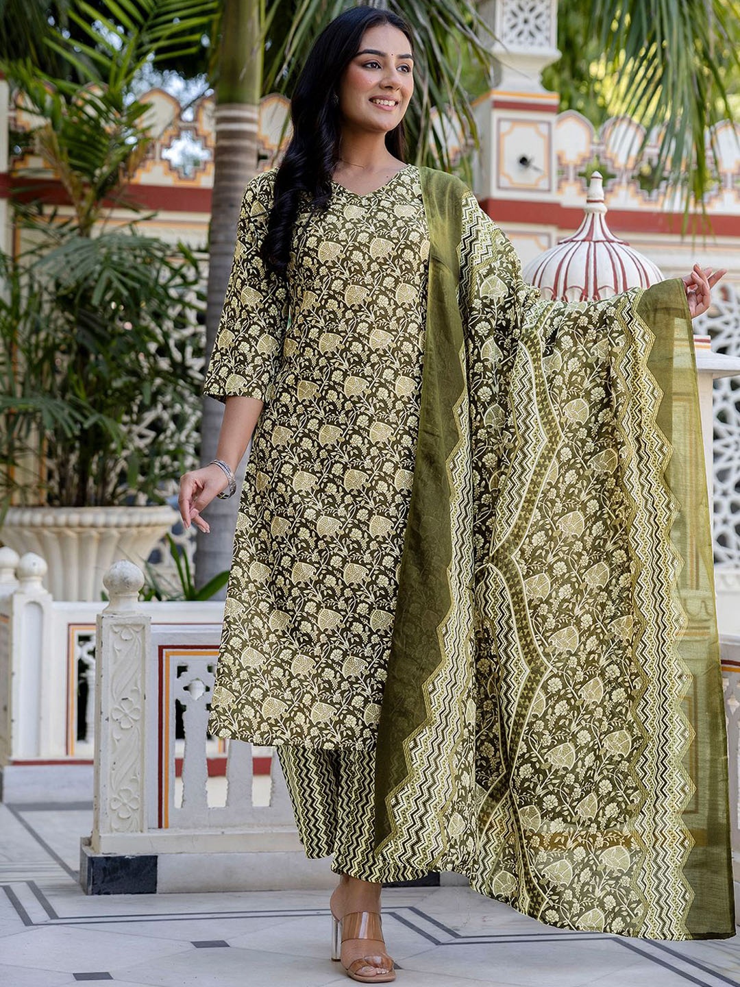 

KALINI Women Floral Printed Regular Kurta with Palazzos & With Dupatta, Olive