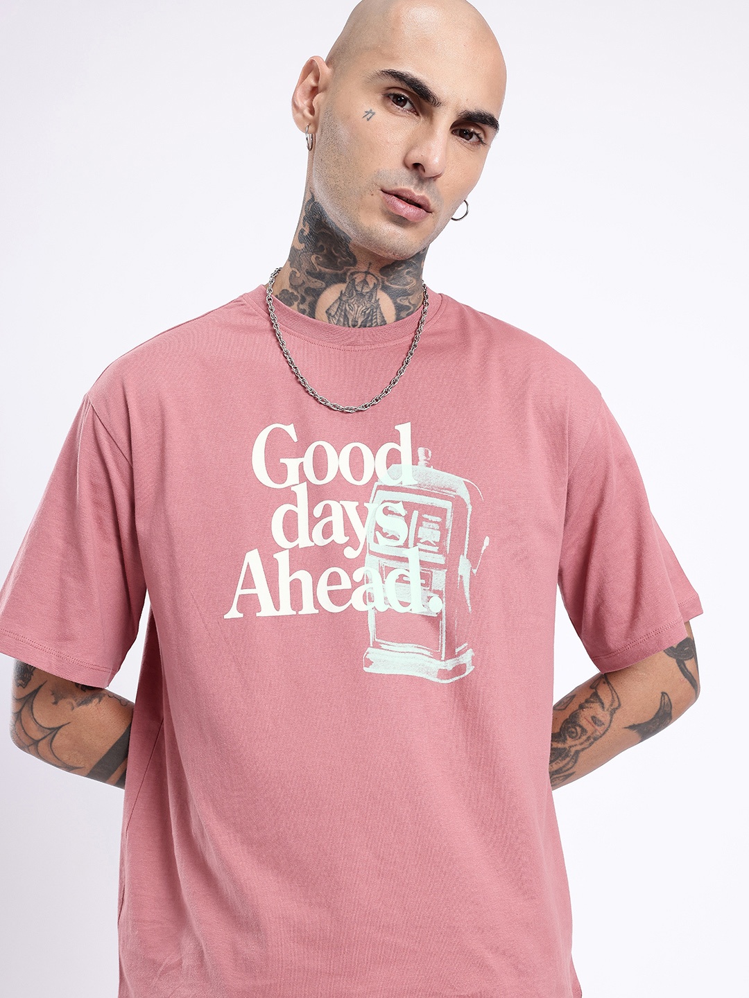 

glitchez Street Touch Typography Printed Oversized T-shirt, Rose