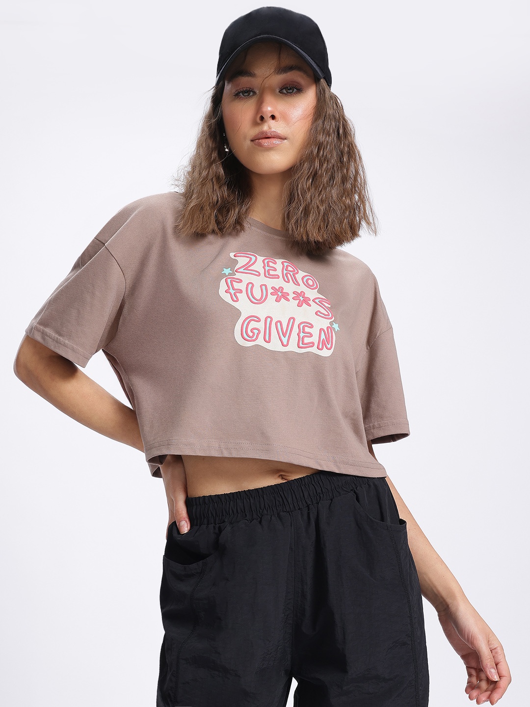 

glitchez Sassy Society Printed Crop Boxy Fit T-shirt, Taupe