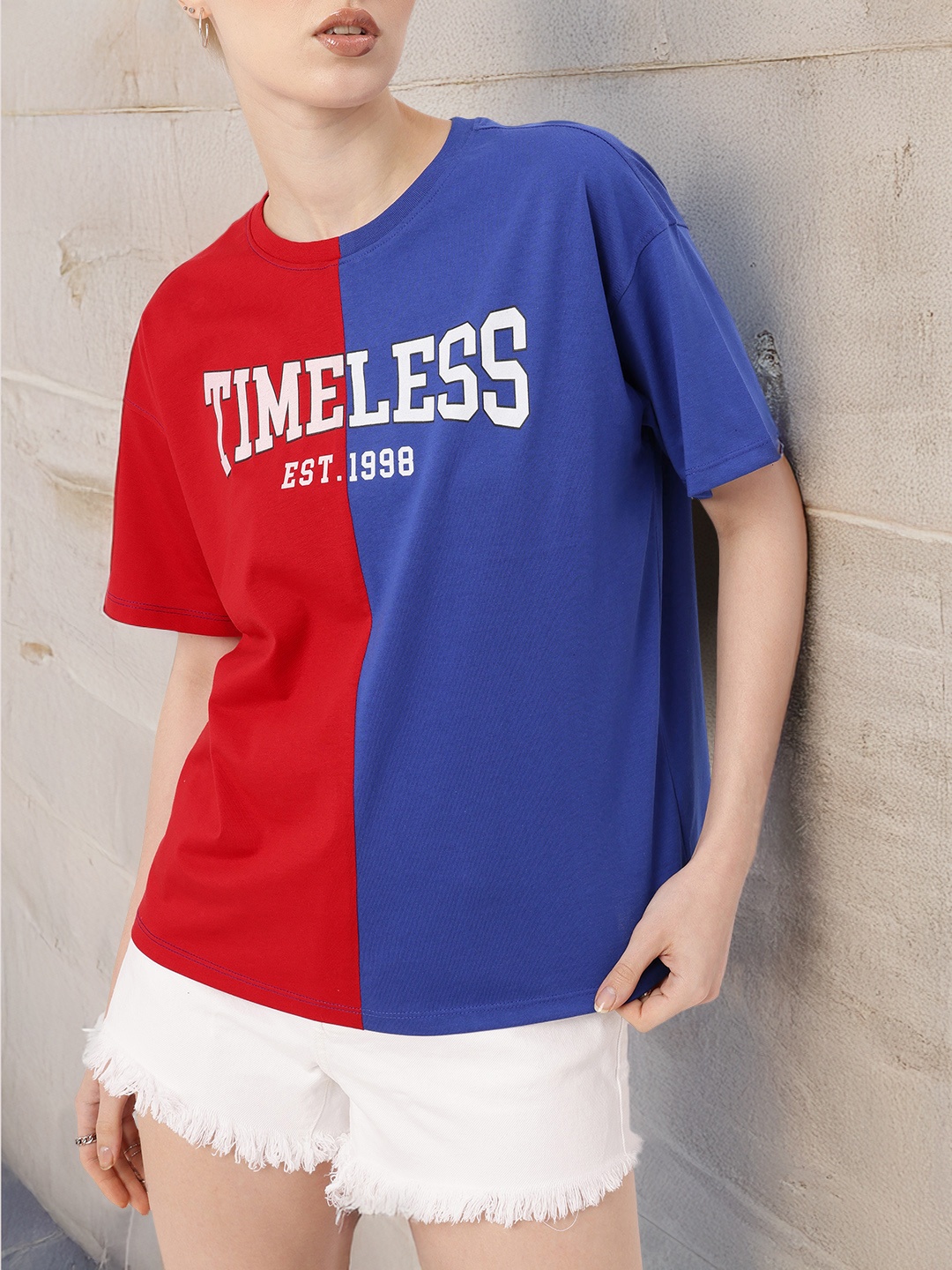 

DressBerry Street Grunge Aesthetic Typography Printed Colourblocked Oversized T-shirt, Red