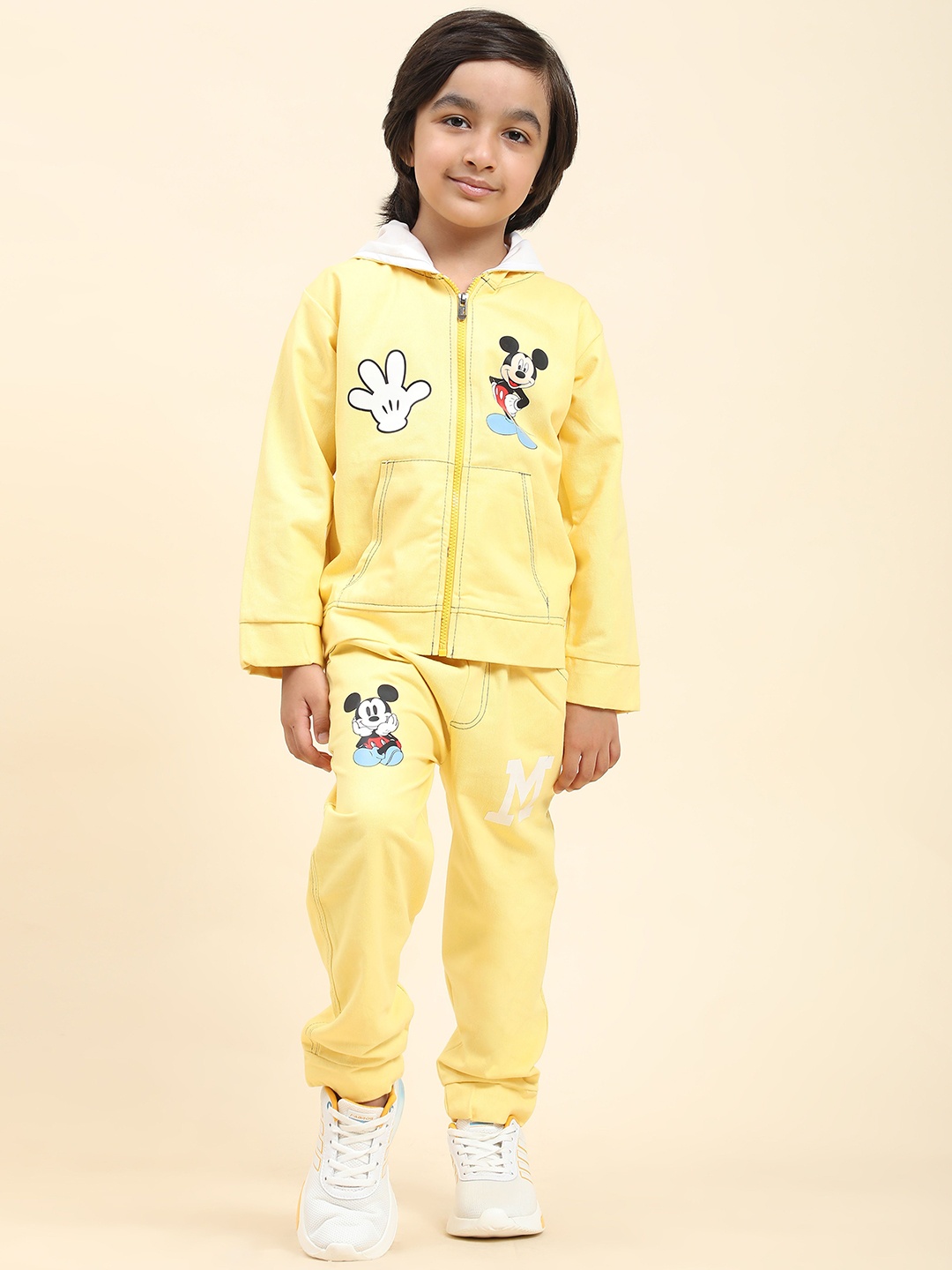 

MAYNEISHA Kids Mickey Mouse Printed Round Neck T-shirt And Joggers With Jacket, Yellow