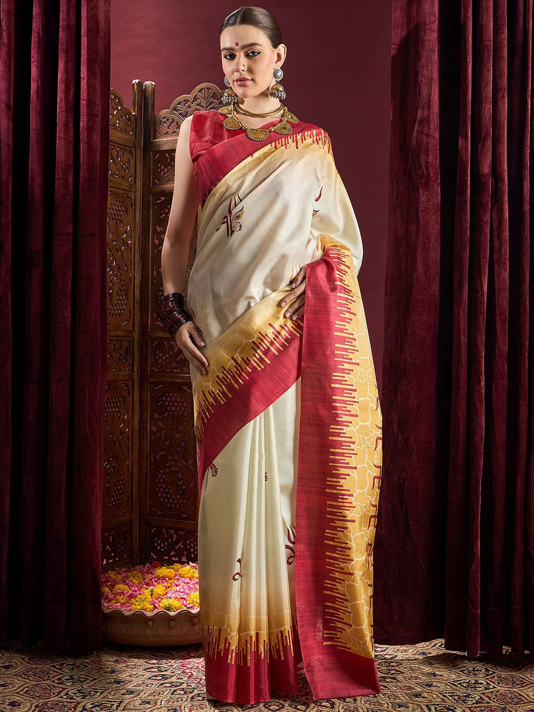 

Mitera Ethnic Motifs Silk Blend Garad Saree, Off white
