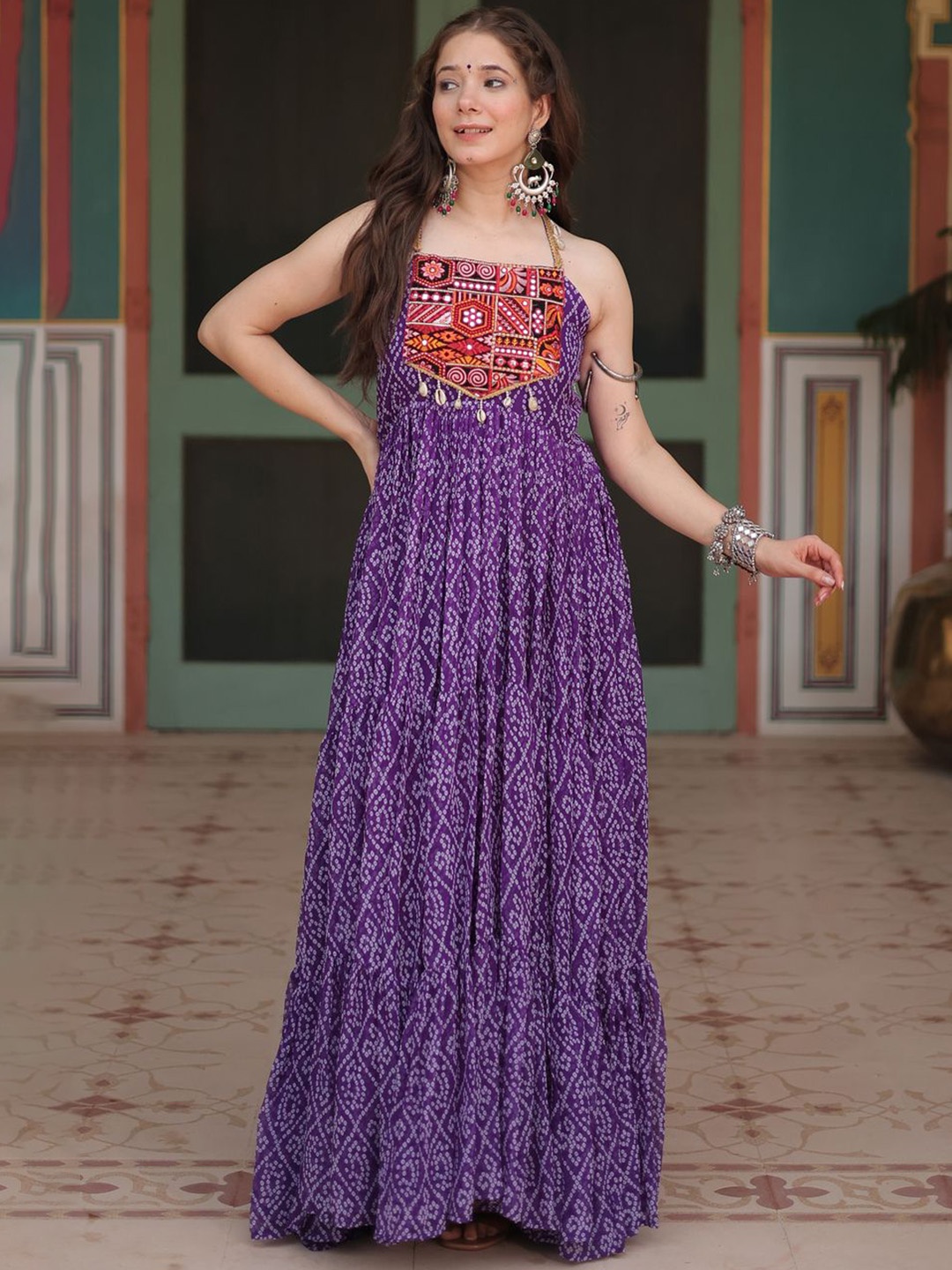 

KALINI Bandhani Printed Mirror Work Tiered Anarkali Ethnic Dress, Purple