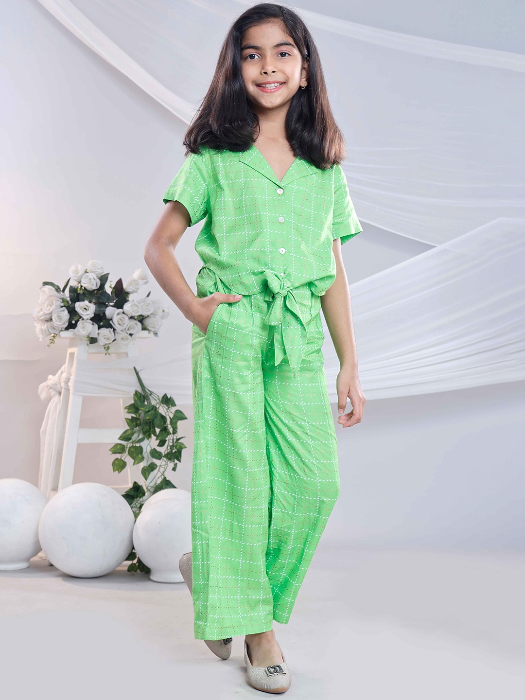 

Misbis Girls Geometric Printed Lapel Collar Shirt and Palazzos, Green