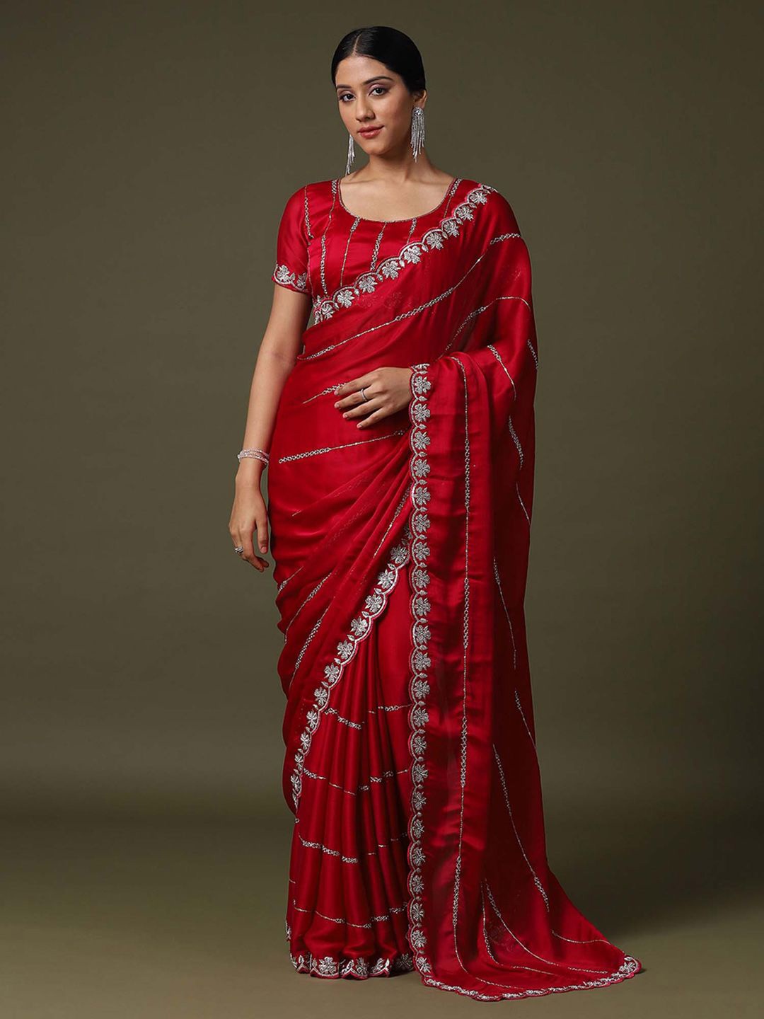 

Saree mall Embellished Beads and Stones Satin Sarees, Red