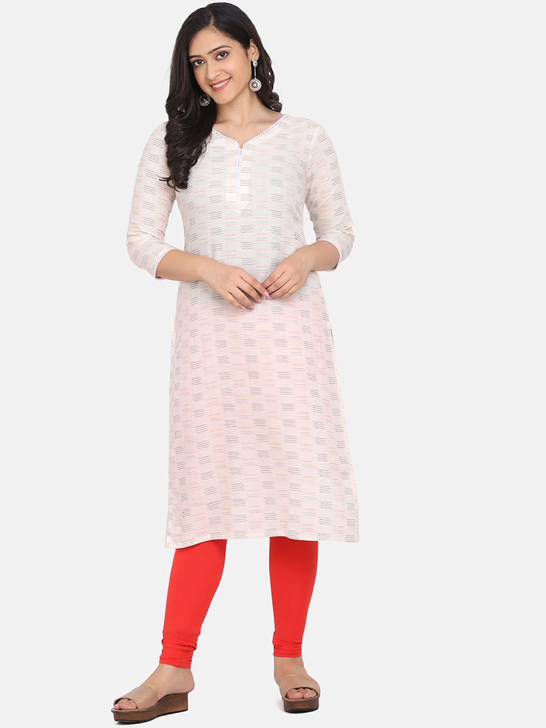 

DIVASTRI Embroidered V-Neck Thread Work Silk Straight Kurta, Cream