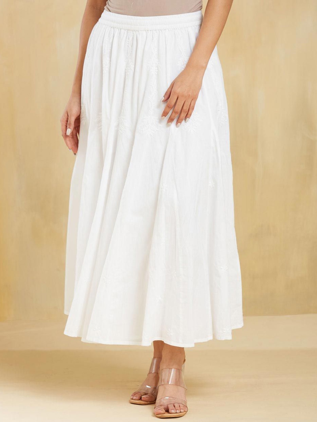 

Fabindia Chikankari Self Design Pure Cotton Flared Maxi Skirt, White