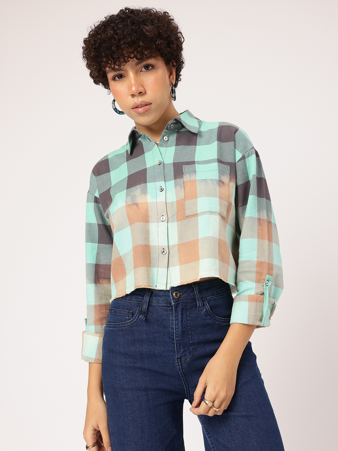 

The Roadster Lifestyle Co. Checkered Chaos Dyed Cropped Boxy Shirt, Blue